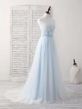 Blue Round Neck Tulle Lace Applique Long Prom Dresses